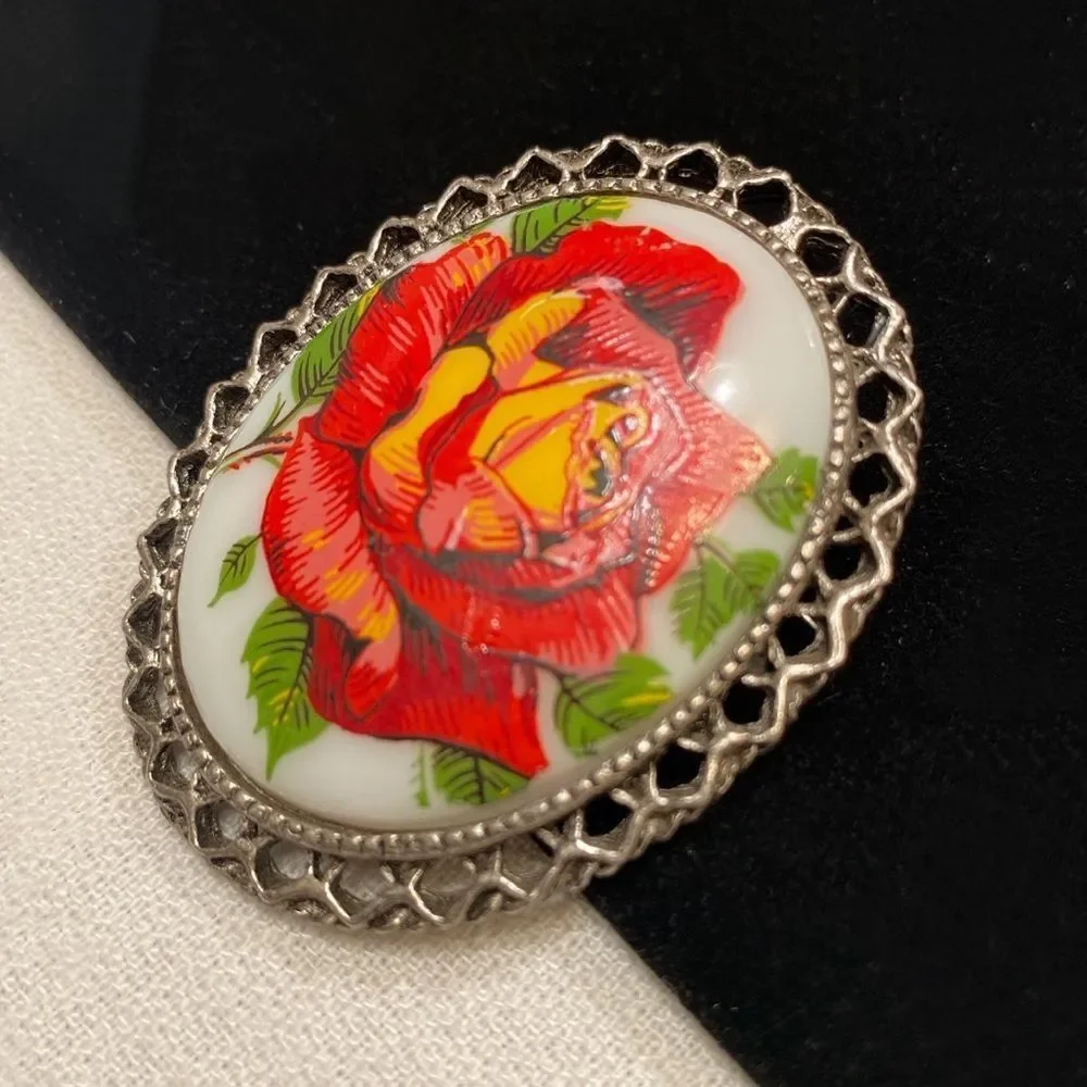 Vintage Silver Brooch With Porcelain Flower Cameo